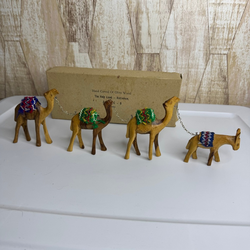 Vintage Hand Carved Olive Wood Camel Caravan Bethlehem Holy Land